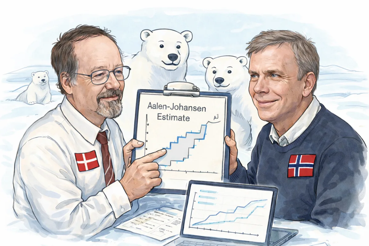 A watercolor illustration of Aalen and Johansen presenting state-occupancy curves, surrounded by polar bears.